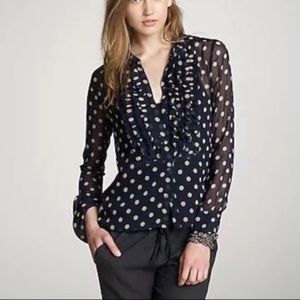 J. Crew Navy Blue Sheer Polka Dot Ruffle Blouse